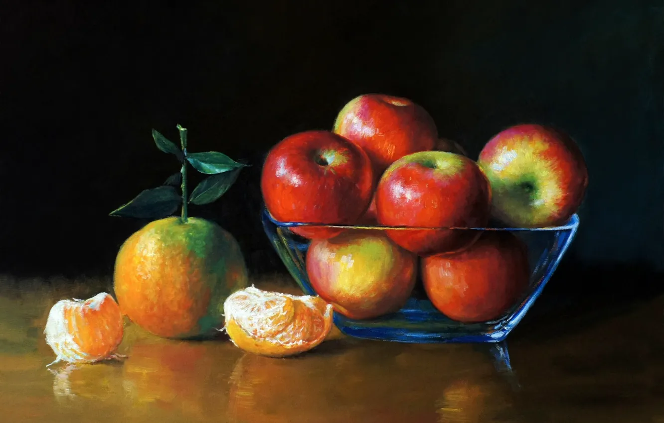 Фото обои яблоки, картина, арт, живопись, painting, мандарины, столе., вазе