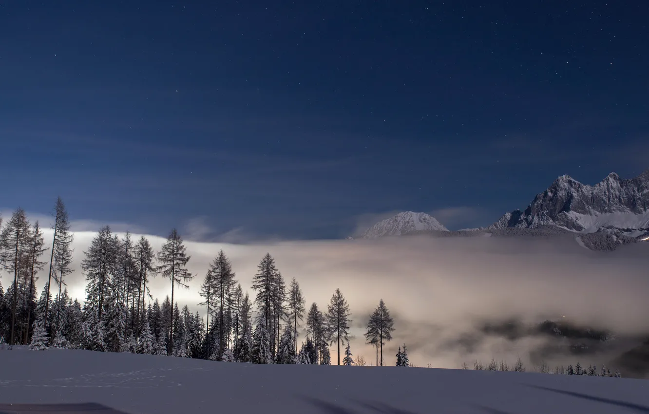 Фото обои зима, снег, горы, ночь, Австрия, звездное небо