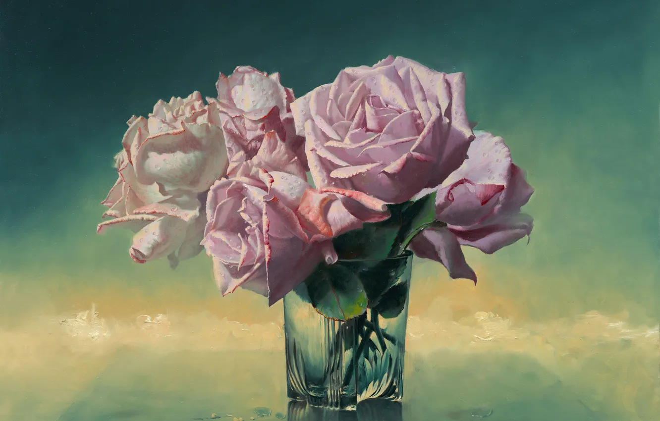 Фото обои стекло, цветы, стакан, розы, картина, ваза, натюрморт, Алексей Антонов
