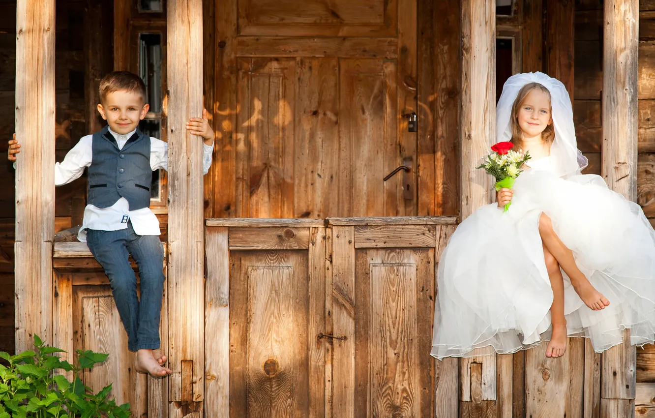 Фото обои дети, улыбка, букет, мальчик, платье, девочка, невеста