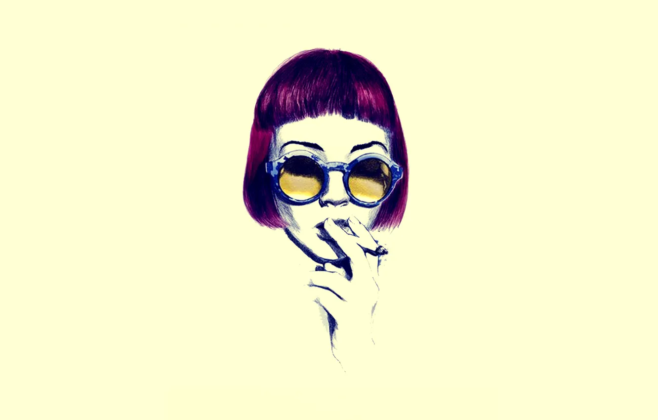 Фото обои глаза, девушка, жёлтый, волосы, очки, сигарета, минимал, курящая