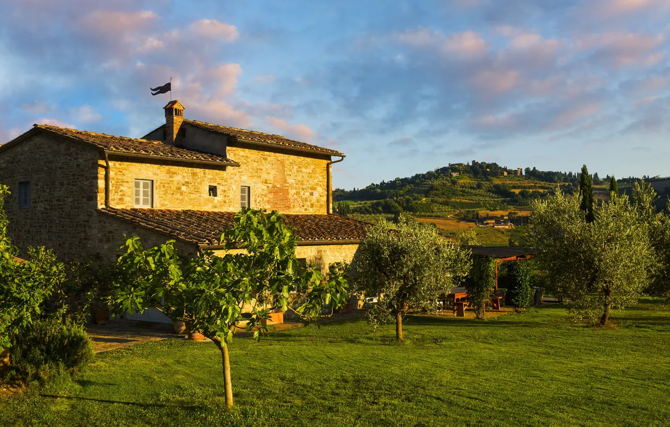 Фото обои деревья, дом, поля, сад, Италия, Тоскана, Tuscany