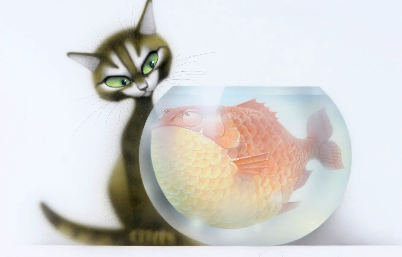 Фото обои кот, аквариум, рыбка, ситуация, арт, детям, владимир стахеев
