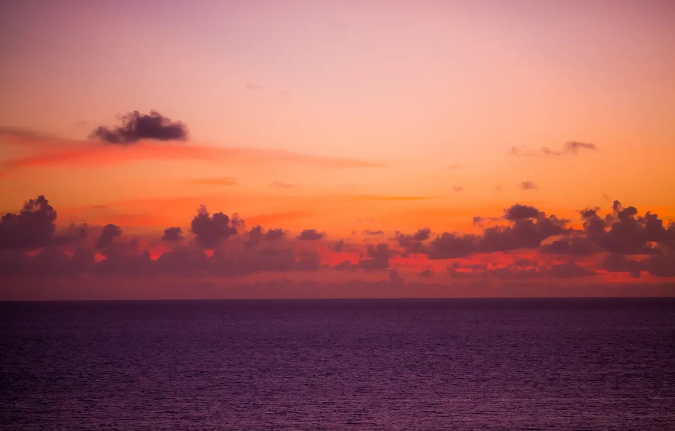 Фото обои море, облака, закат, горизонт, оранжевое небо