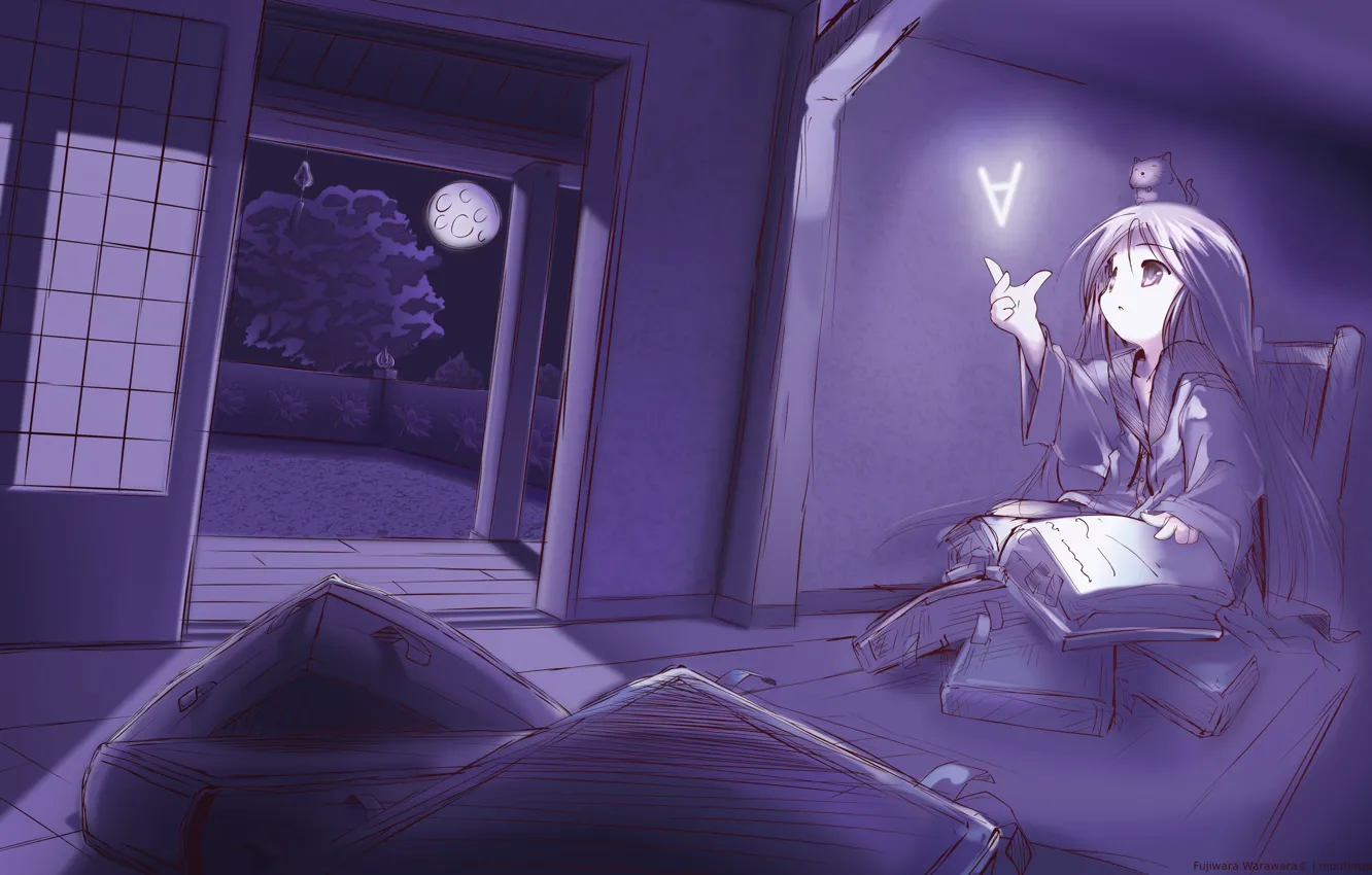 Фото обои ночь, магия, книги, аниме, арт, девочка, Fujiwara Warawara