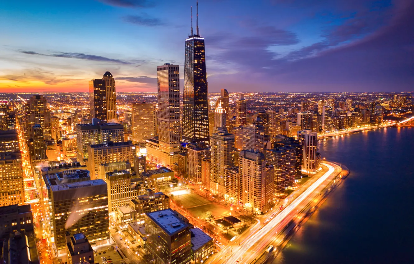 Фото обои озеро, здания, дома, Чикаго, Иллинойс, ночной город, Chicago, Illinois