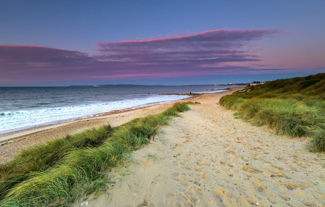 Фото обои песок, море, пляж, трава, следы, берег, холм