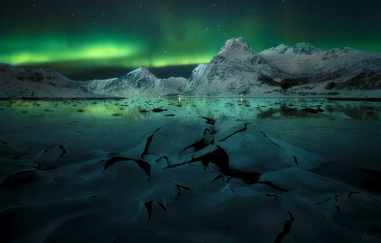 Фото обои горы, ночь, северное сияние, льды, простор, снега, Moravek Martin, Northen Lights