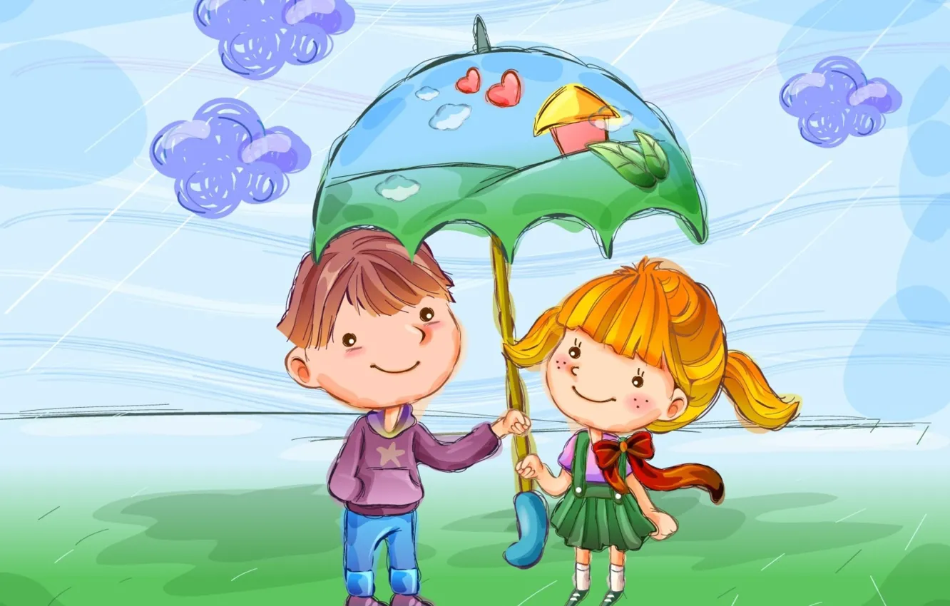 Фото обои рисунок, мальчик, девочка, забота