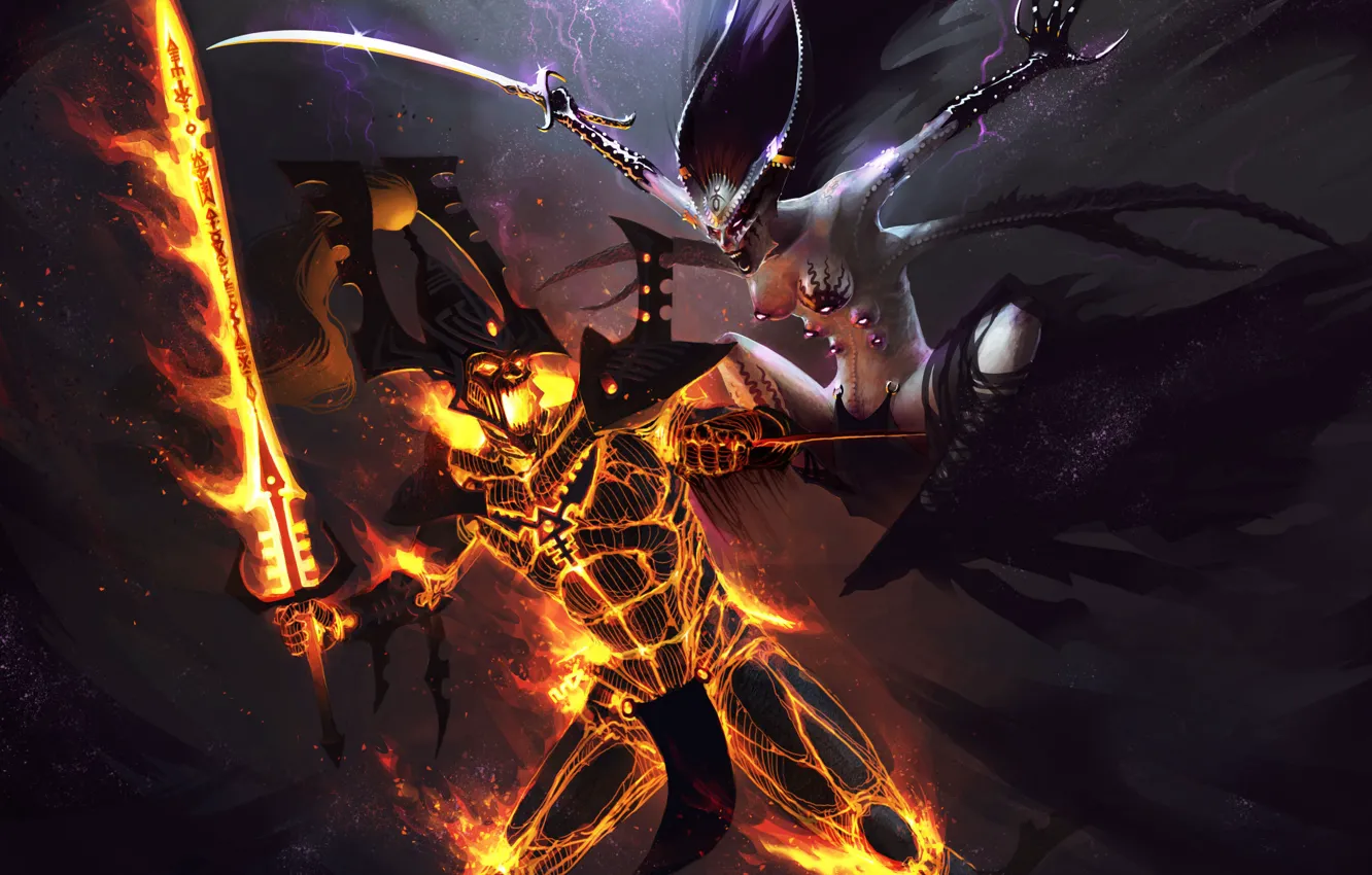 Фото обои демон, аватар, хаос, схватка, Warhammer 40k, эльдары, хранитель секретов, keeper of secrets