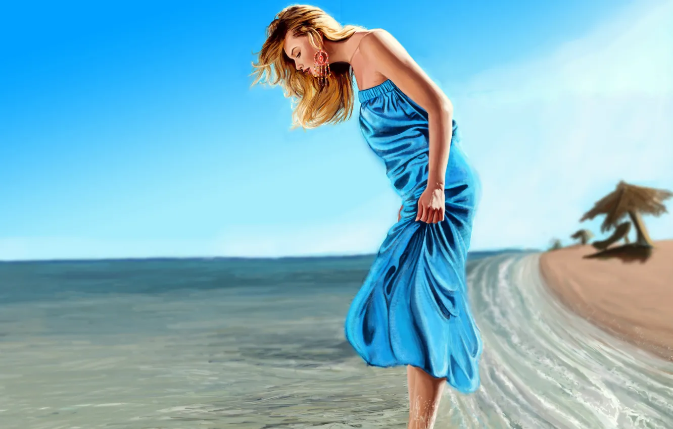 Фото обои песок, море, волны, пляж, девушка, настроение, платье, арт