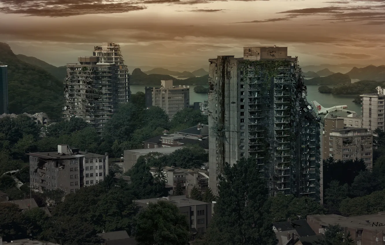Фото обои город, самолет, апокалипсис, вечер