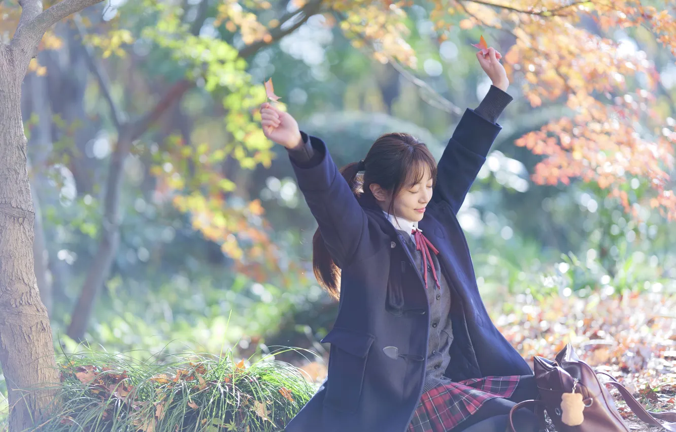 Фото обои Beautiful, Asian, Model, Tree, Smile, Woman, Cute, Jacket