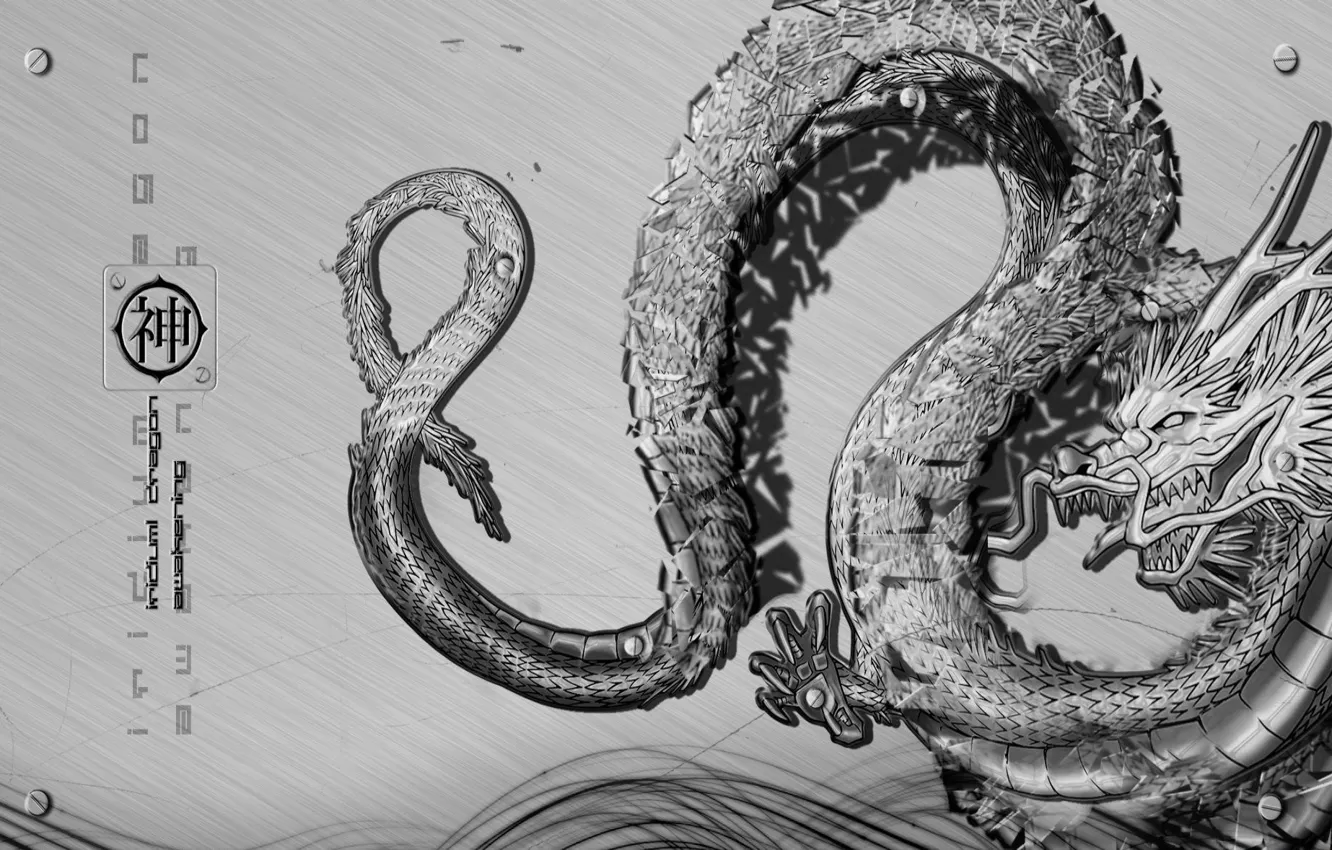 Фото обои дракон, рисунок, графика, чешуя, пасть, хвост, иероглифы, когти