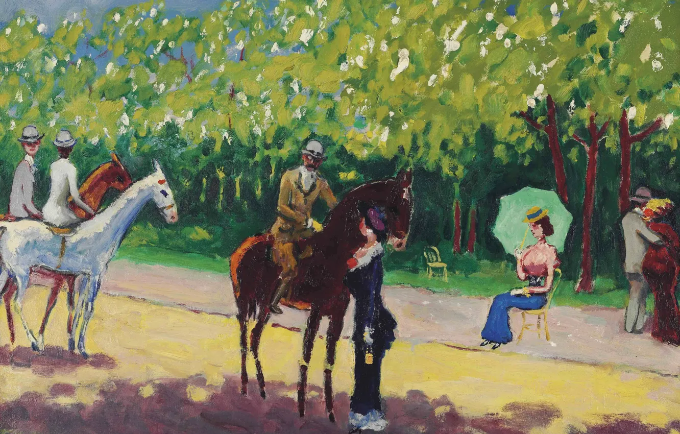 Фото обои лошадь, картина, наездник, аллея, дама, жанровая, Kees van Dongen. Alley Acacias