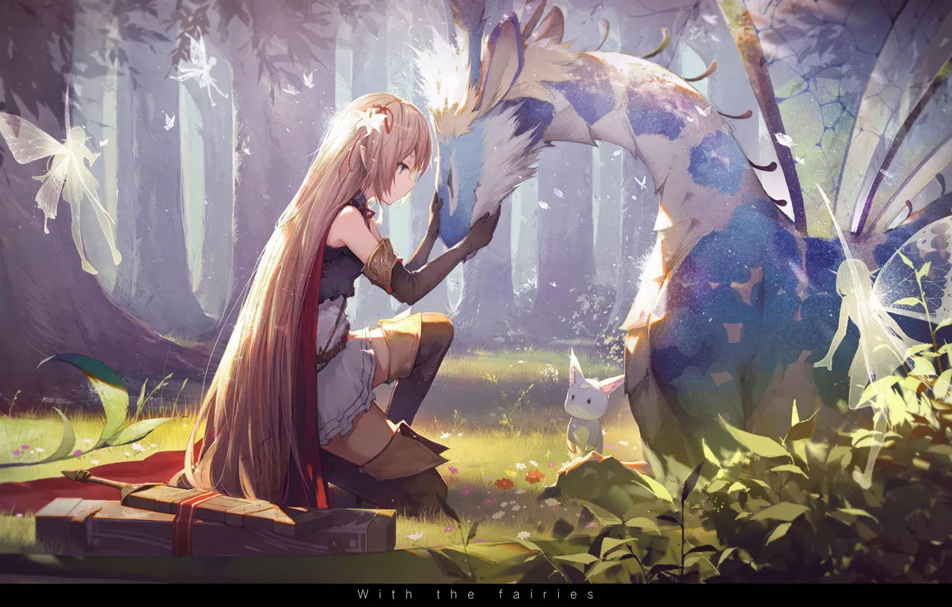 Фото обои лес, животные, девушка, деревья, природа, оружие, магия, крылья