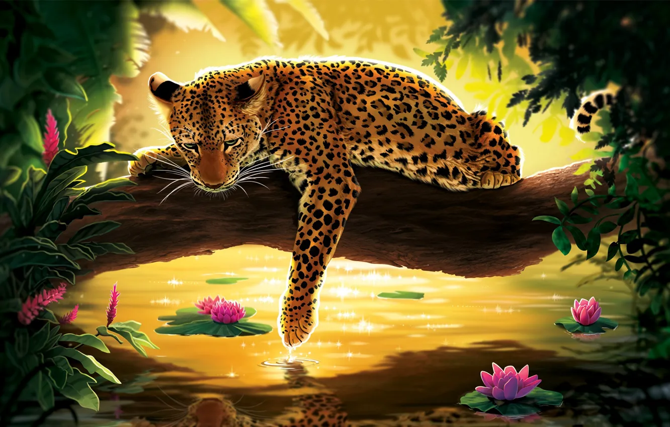 Фото обои вода, цветы, дерево, леопард