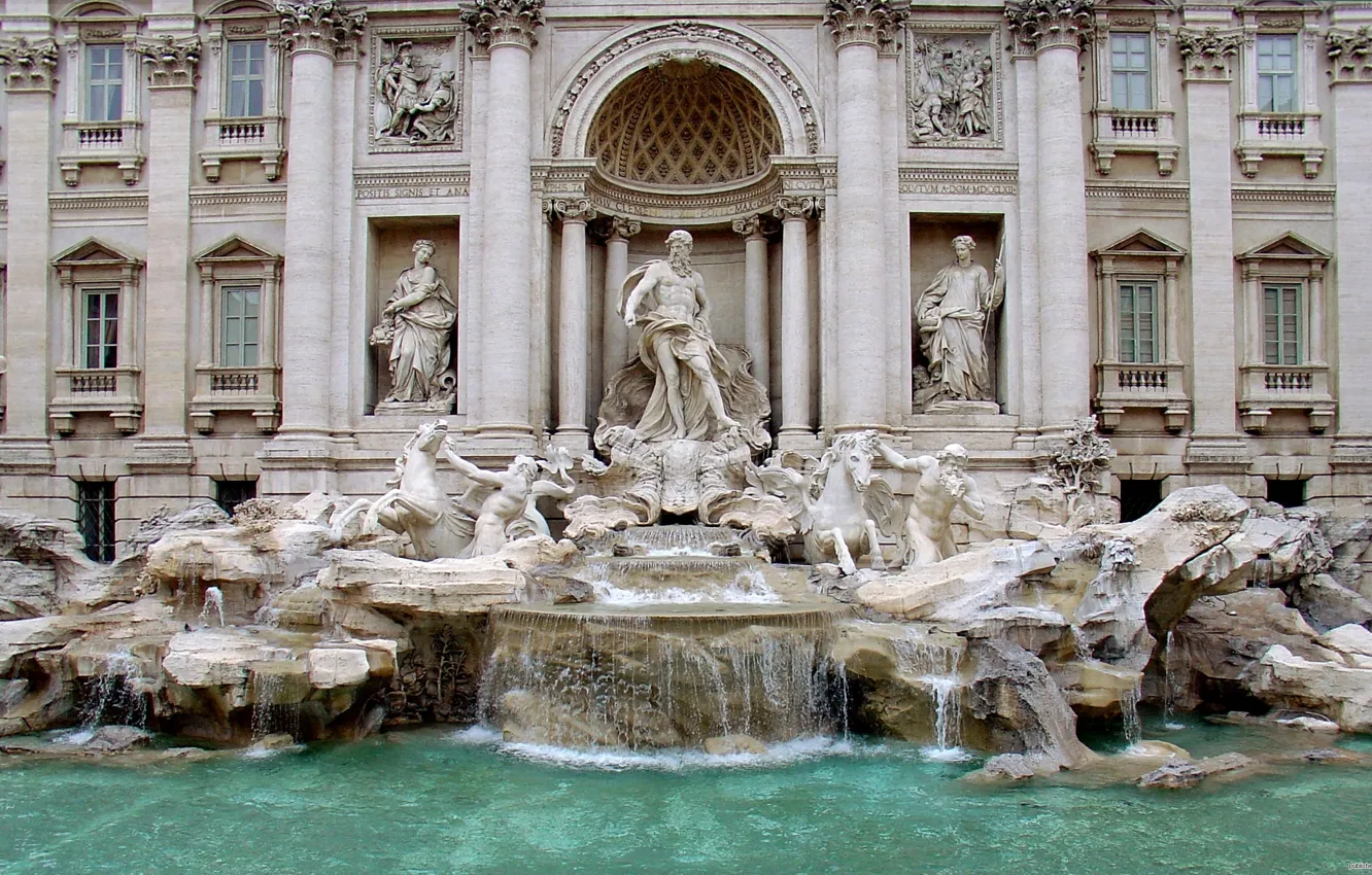 Фото обои вода, дома, фонтан, скульптура, италия, возрождение, рим, треви