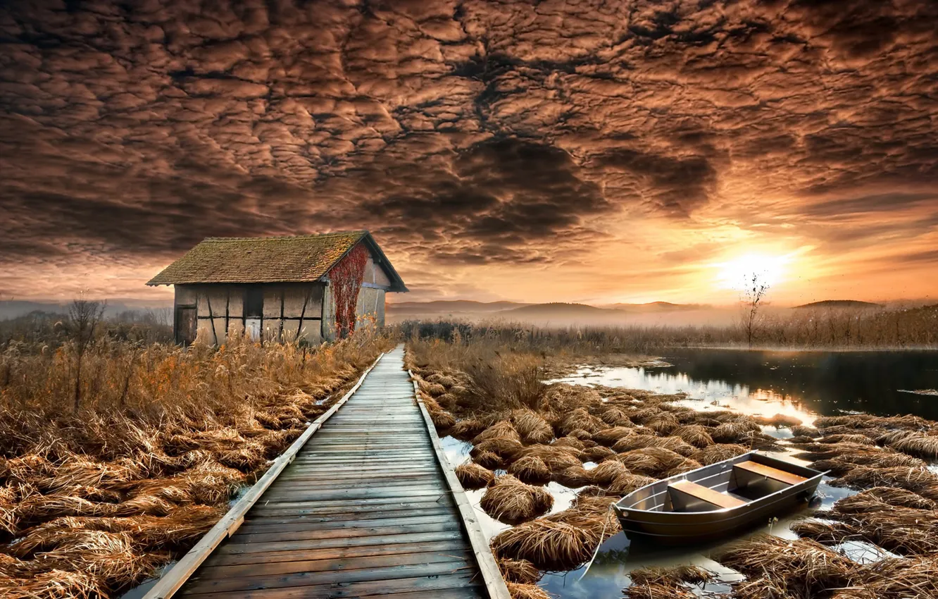 Фото обои закат, мост, озеро, дом, лодка