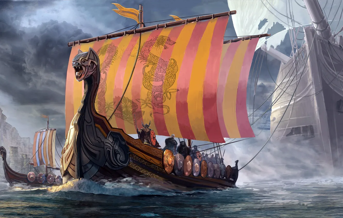 Фото обои море, волны, небо, викинги, «корабль-дракон», Драккар, мореходы