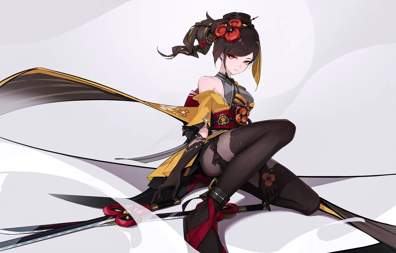 Фото обои sword, red eyes, artwork, black hair, gloves, kimono, anime girls, Genshin Impact