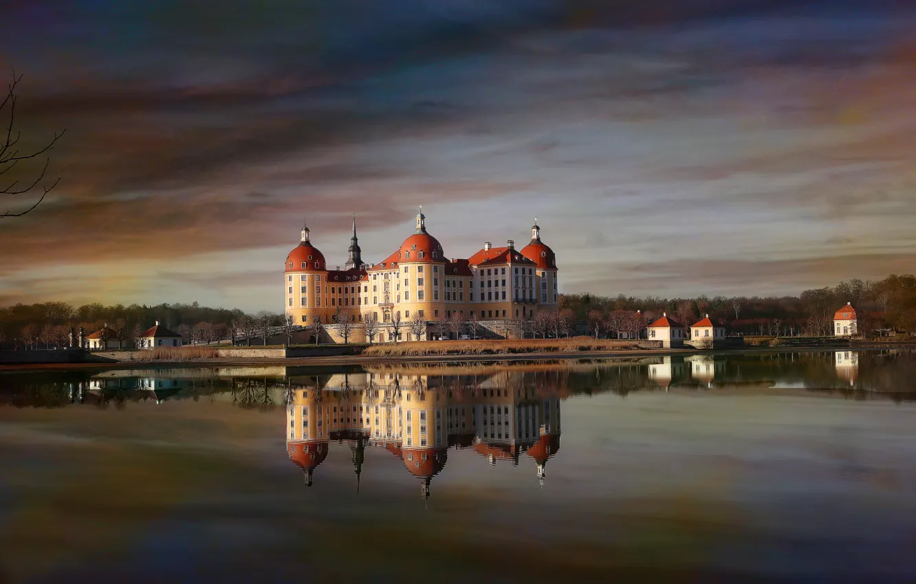 Фото обои пруд, отражение, замок, вечер, Германия, Морицбург