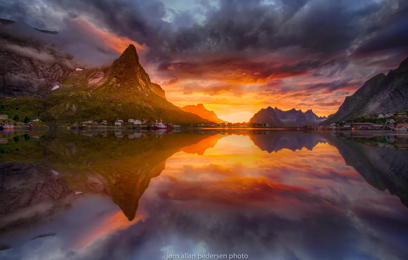 Фото обои отражения, горы, утро, Норвегия