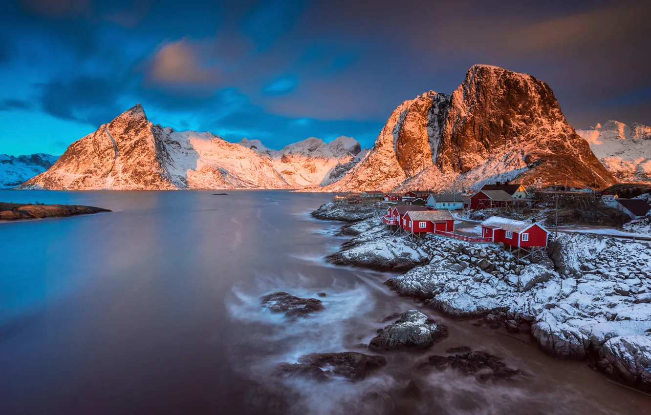 Фото обои зима, свет, снег, горы, утро, Норвегия, городок, поселение