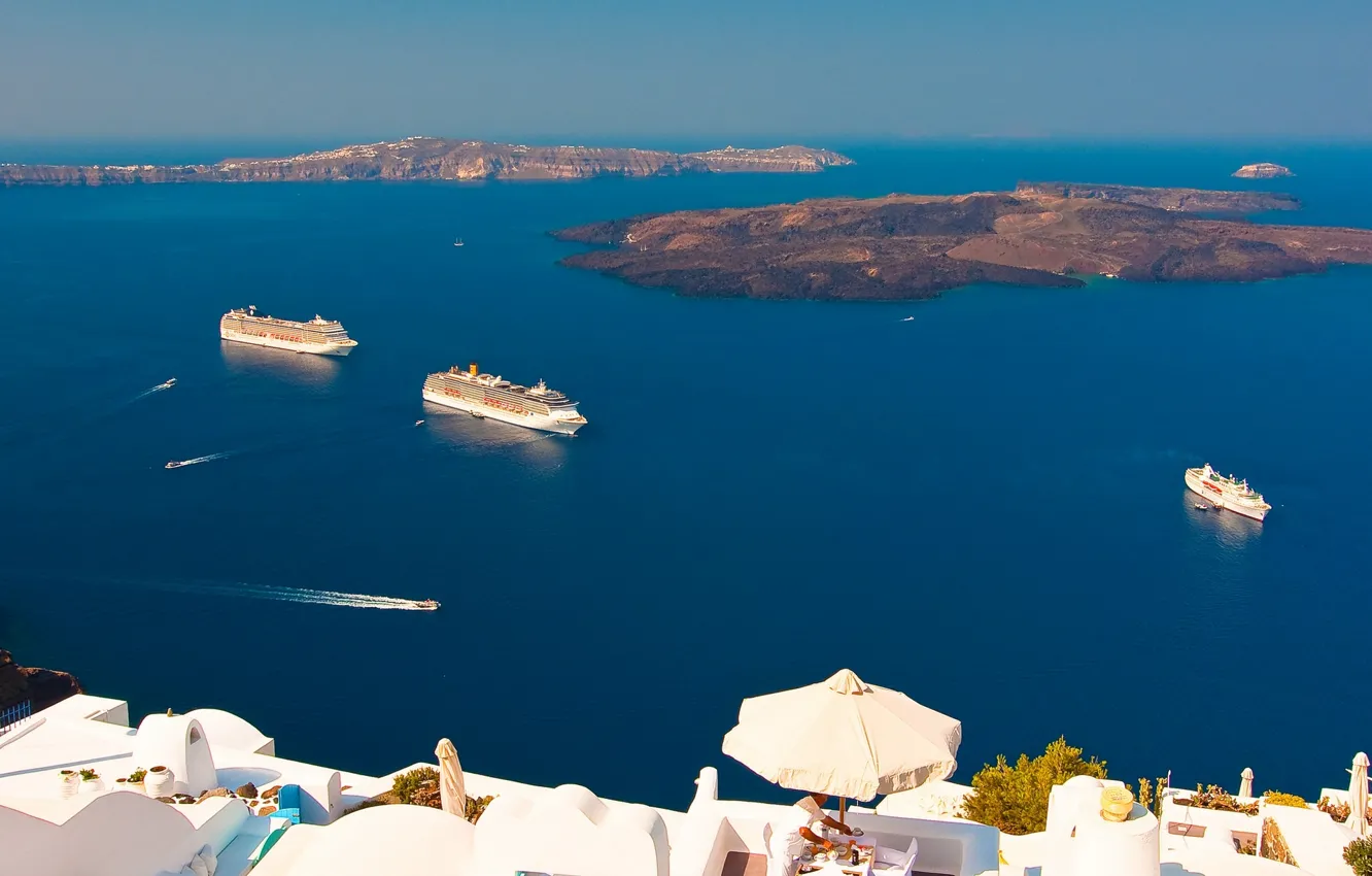 Фото обои острова, Санторини, Греция, панорама, Santorini, Oia, Greece, лайнеры