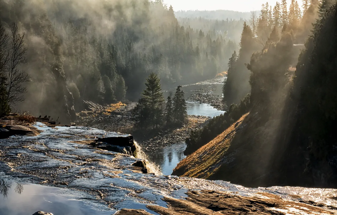 Фото обои туман, река, утро, Canada, Ontario, Oliver Paipoonge