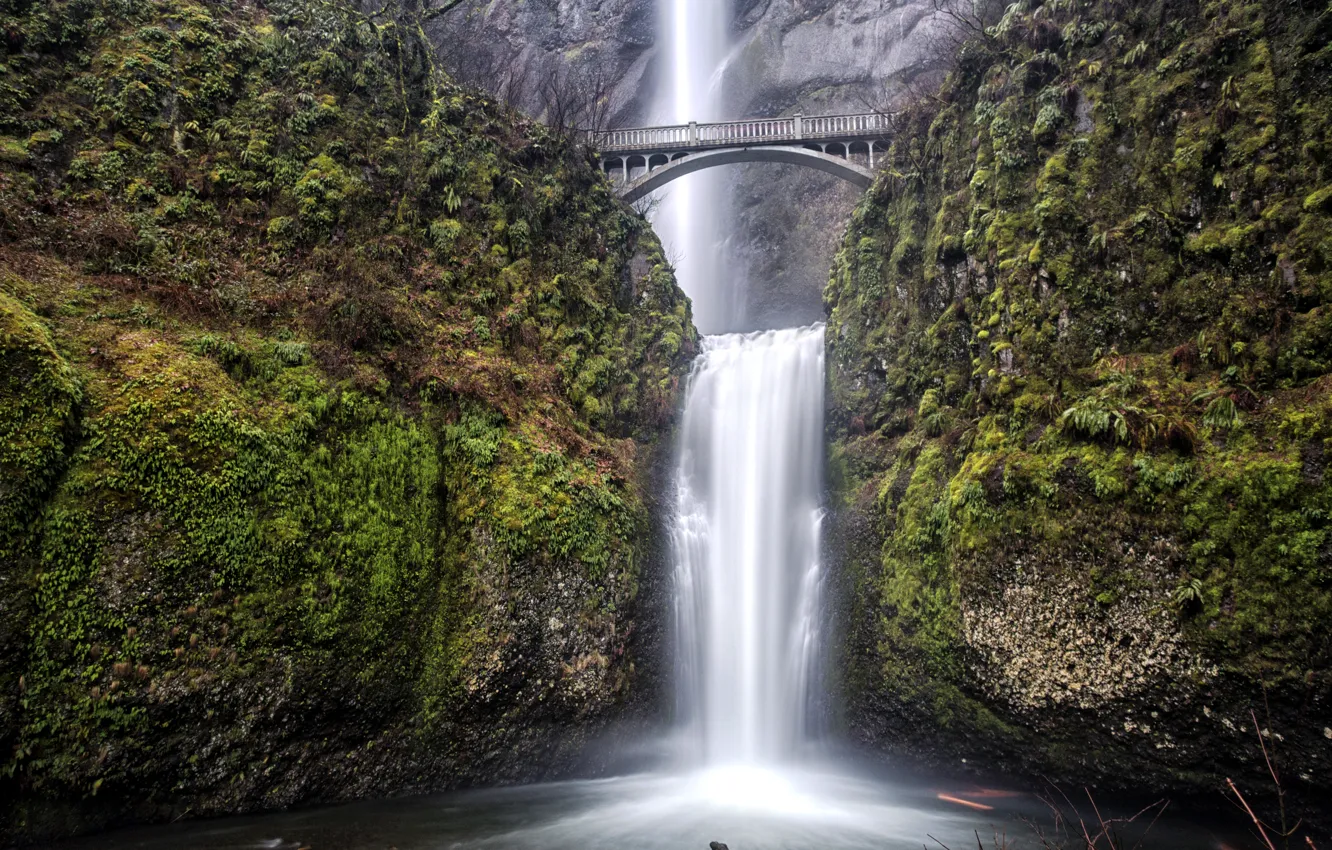 Фото обои мост, скала, водопад, США, Oregon, Portland, Multnomah Falls