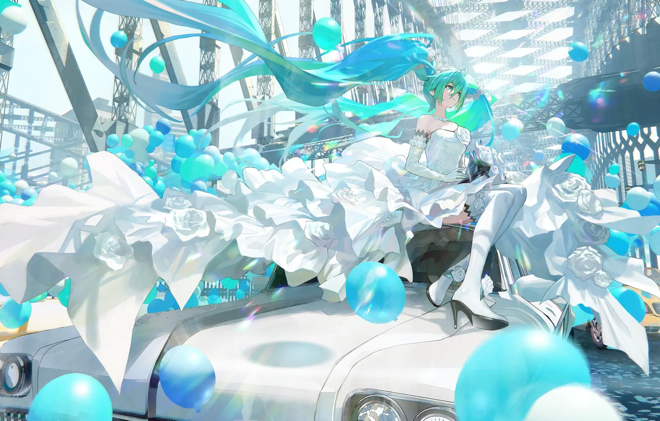 Фото обои авто, девушка, шарики, букет, Hatsune Miku, Vocaloid, свадебное платье