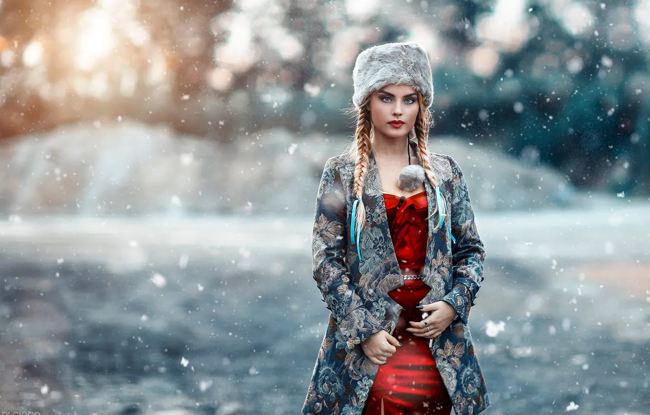 Фото обои зима, взгляд, девушка, снег, косички, Alessandro Di Cicco