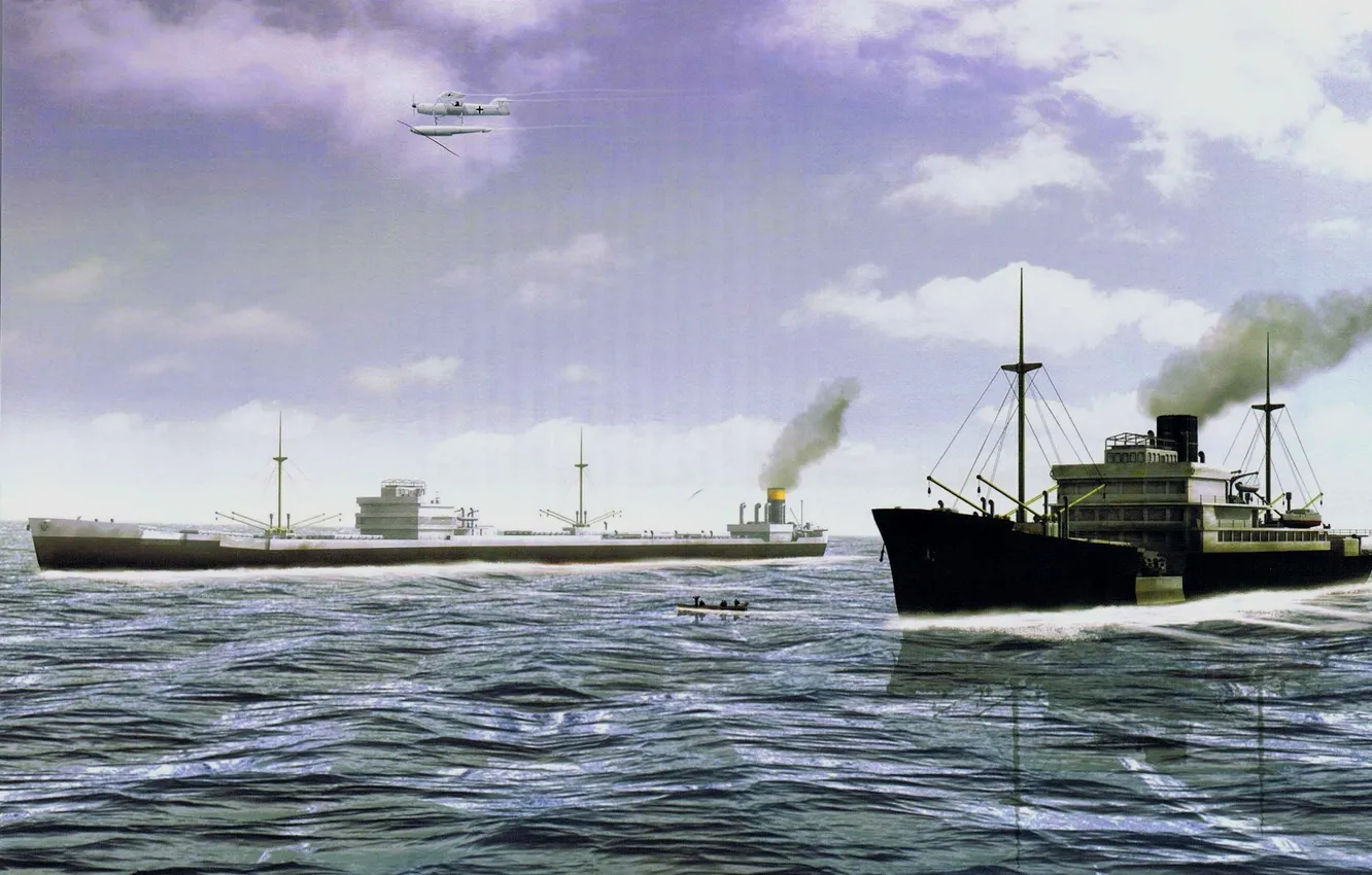 Фото обои море, небо, рисунок, арт, танкер, конвой, немецкий, одномоторный