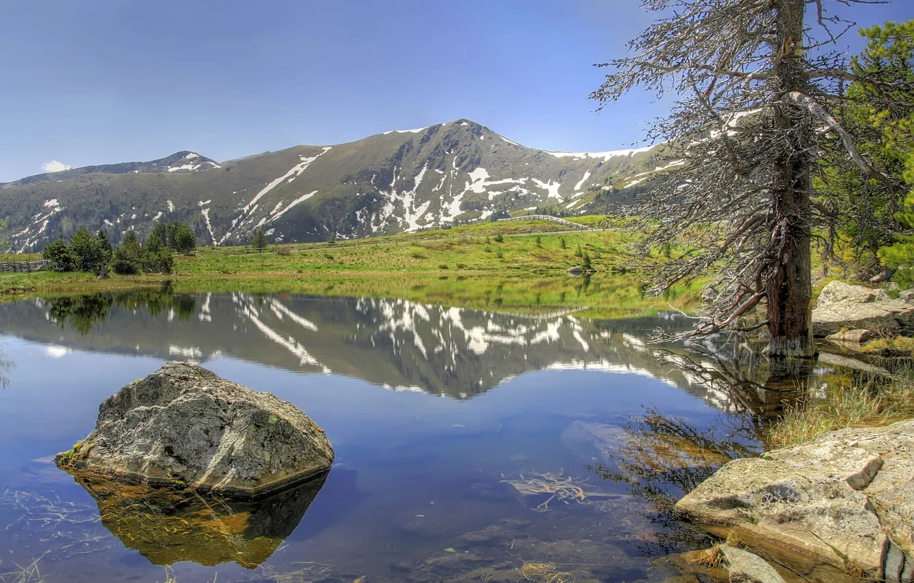 Фото обои пейзаж, горы, озеро, отражение, дерево, камень, Природа