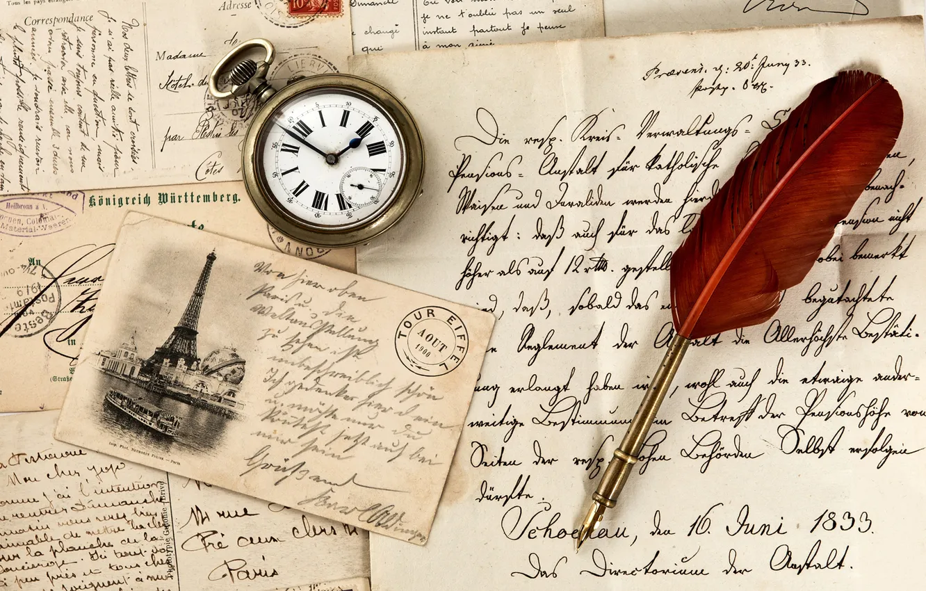 Фото обои перо, часы, vintage, винтаж, открытка, марка, старая бумага, письма