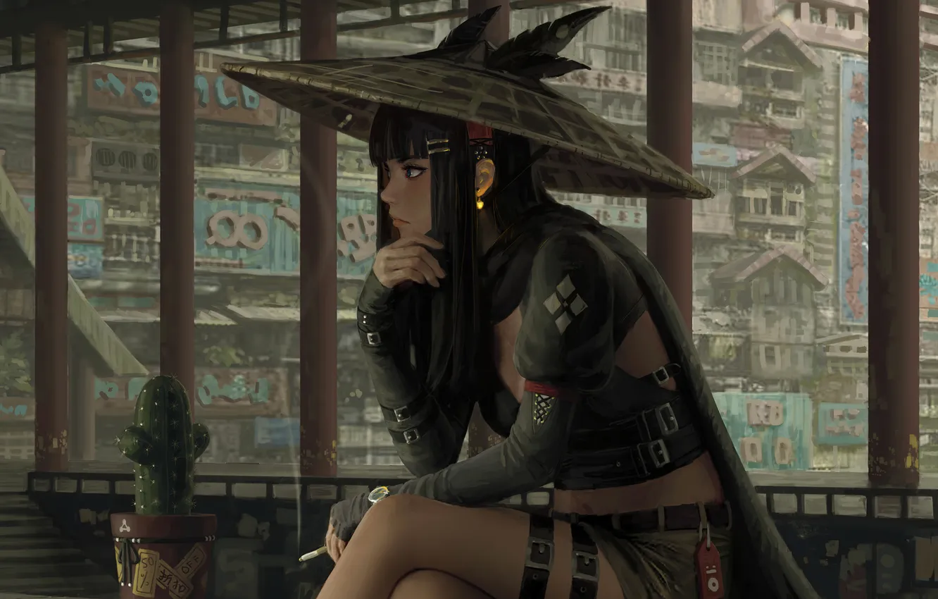 Фото обои Fantasy, Dragon, art, digital art, artwork, Samurai Girl, GUWEIZ, Japanese city