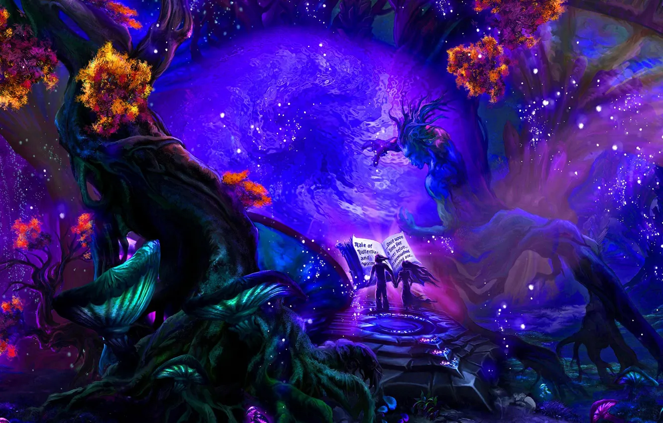 Фото обои яркие краски, деревья, магия, грибы, дымка, книга, magic, чудеса