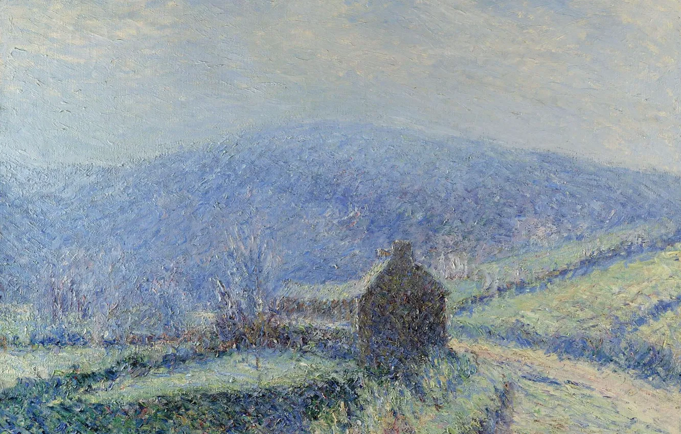 Фото обои пейзаж, горы, дом, картина, Гюстав Луазо, Gustave Loiseau, Мороз в Уегоа. Финистер