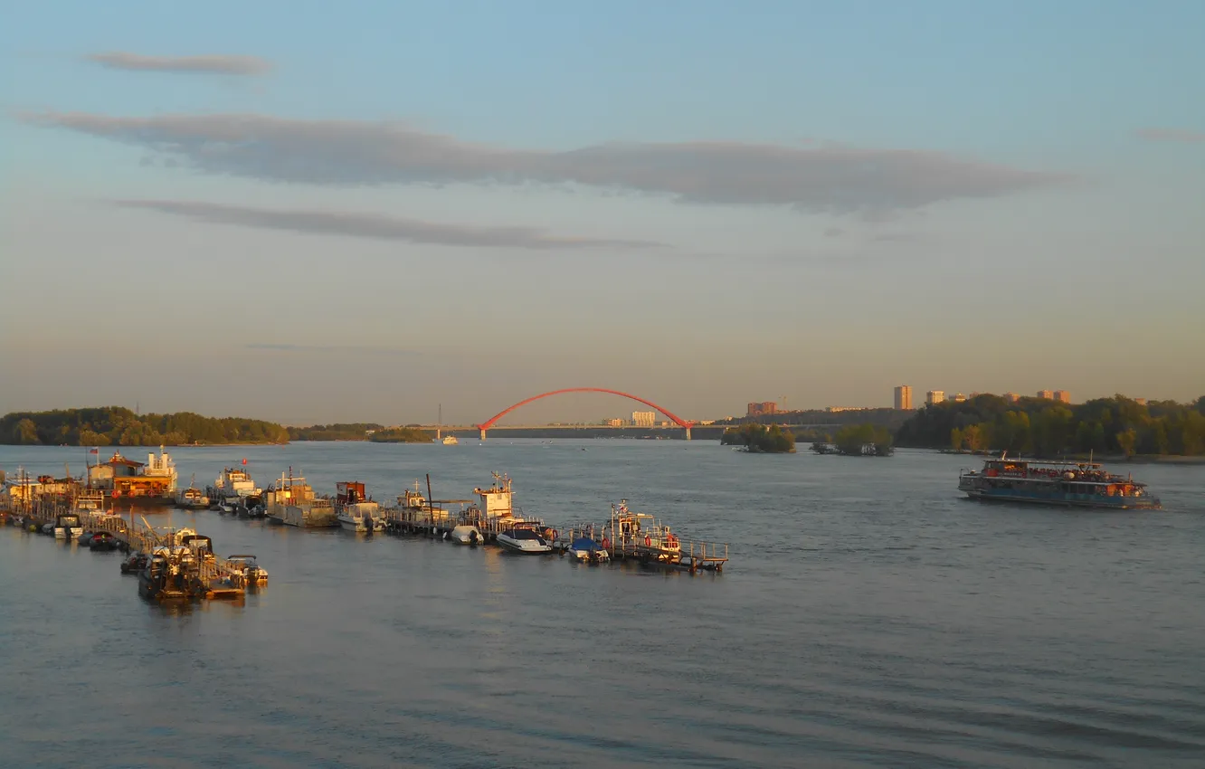 Фото обои лето, небо, мост, город, вечер, Россия, архитектура, теплоход