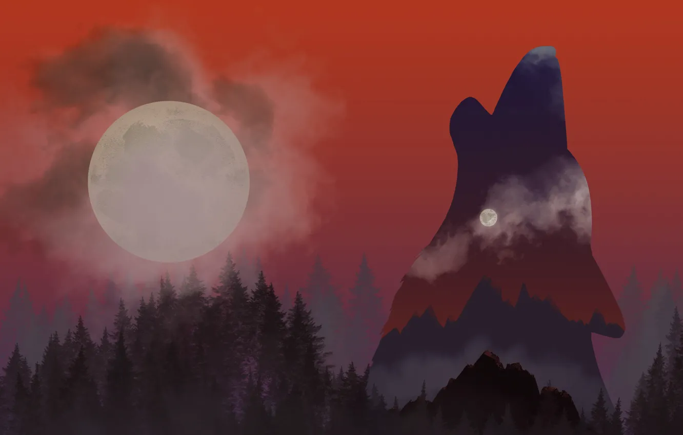 Фото обои лес, горы, луна, рисунок, волк