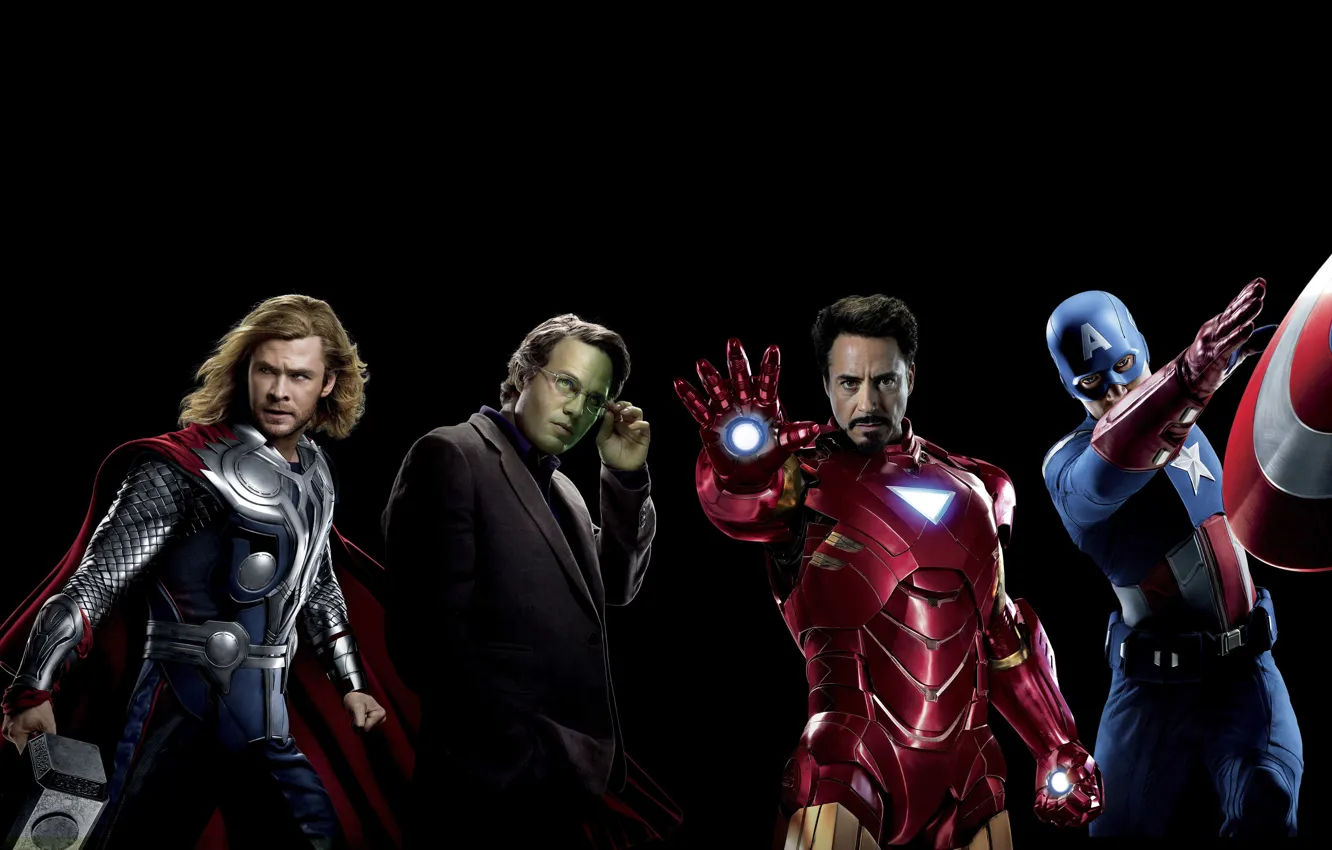 Фото обои фантастика, черный фон, Hulk, Iron Man, комикс, Captain America, супергерои, Thor
