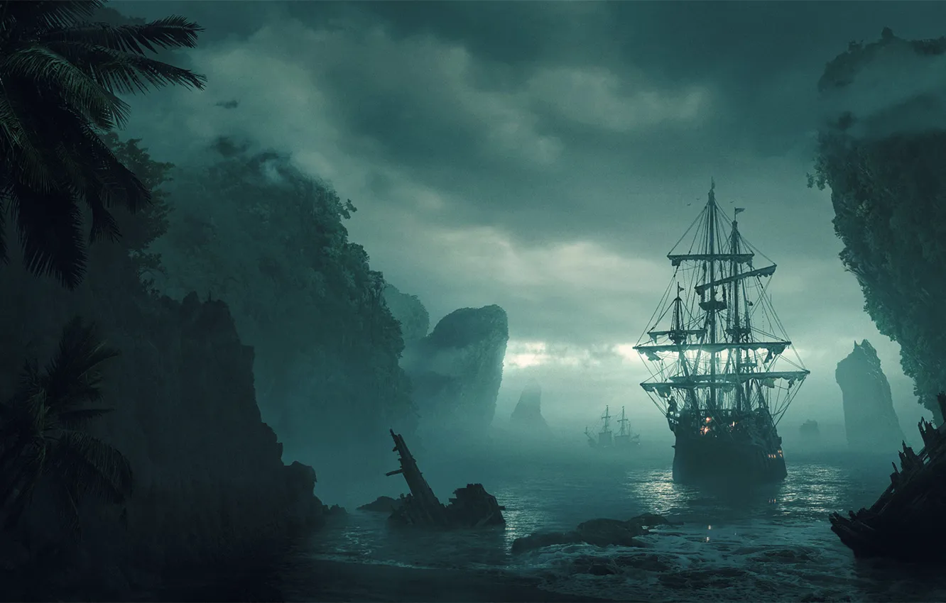 Фото обои море, небо, вода, облака, туман, берег, корабль, остров