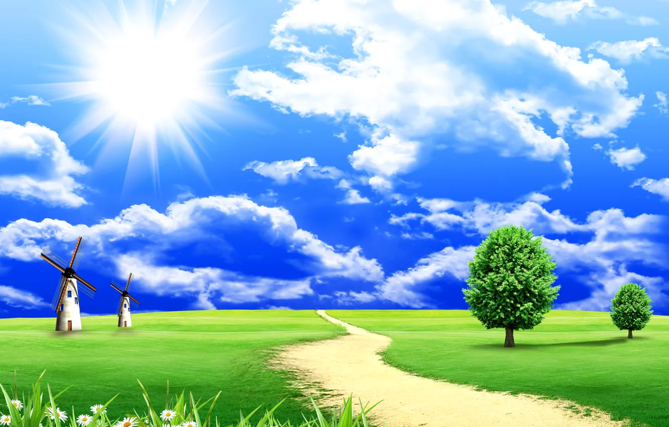 Фото обои дорога, зелень, поле, небо, трава, солнце, облака, деревья