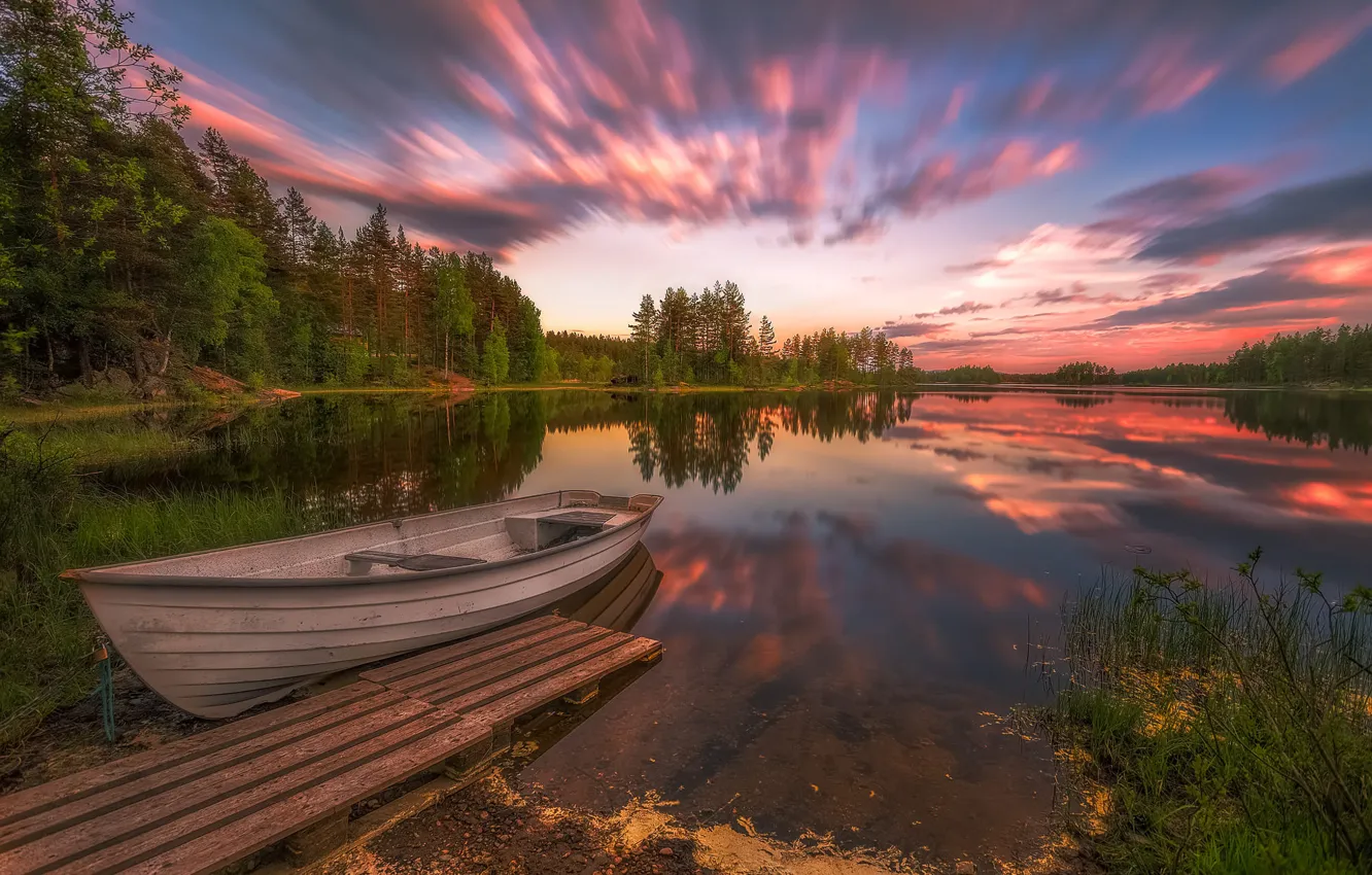 Фото обои пейзаж, закат, природа, озеро, лодка, Норвегия, леса, берега