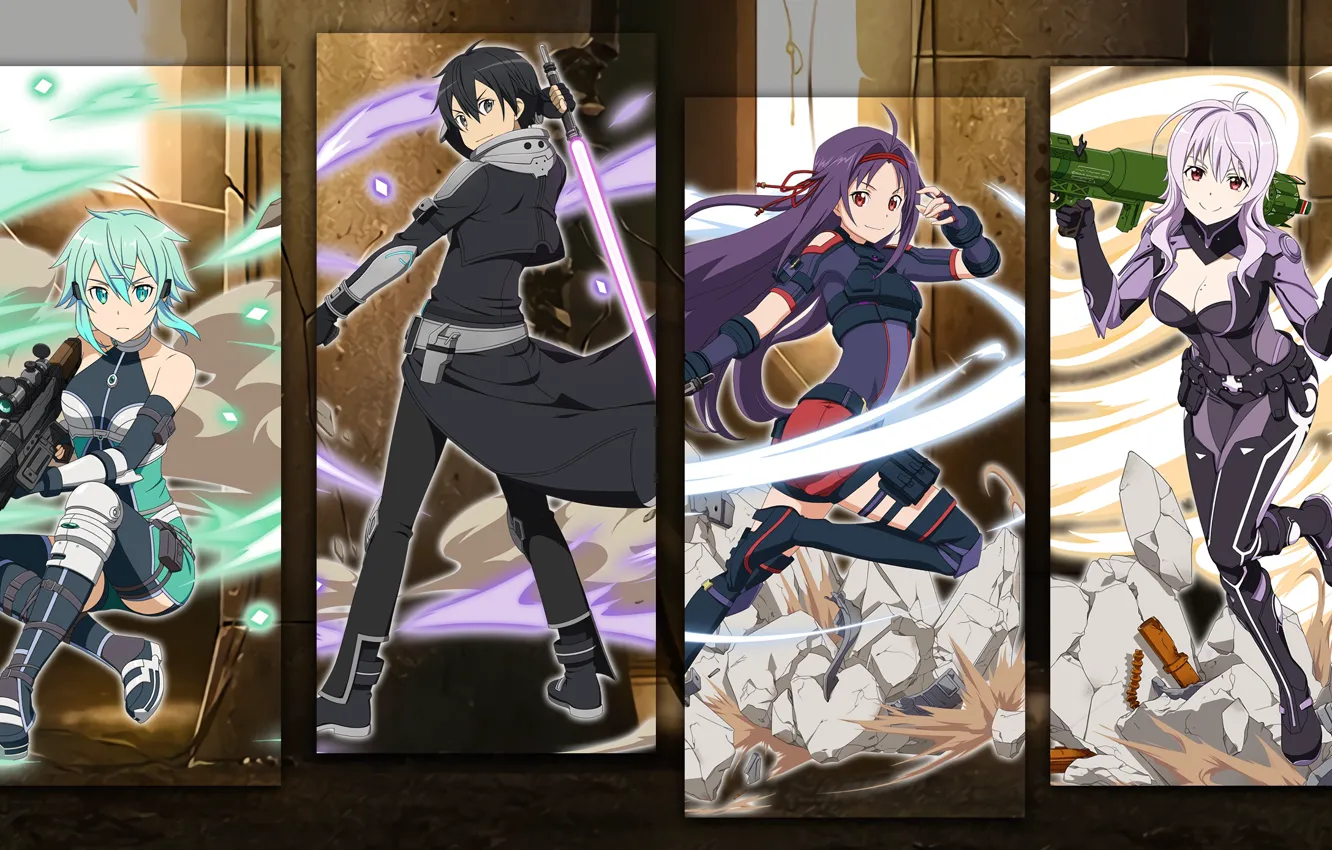 Фото обои девушки, коллаж, парень, персонажи, Sword Art Online