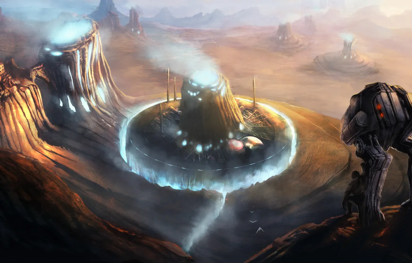 Фото обои планета, робот, арт, постройки, Homeworlds Cover Illustration, ramhak
