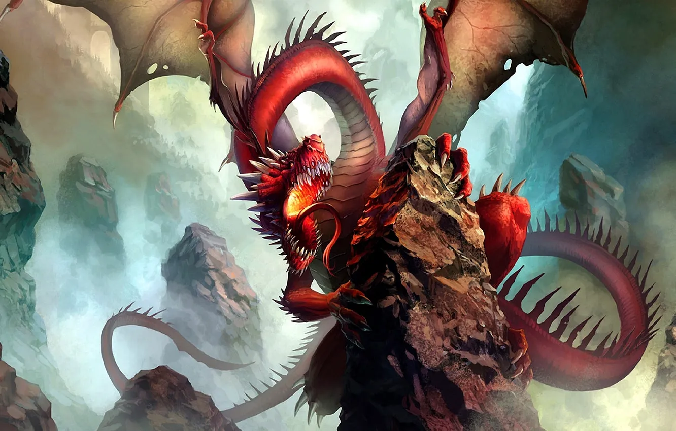 Фото обои красный, камни, скалы, дракон, монстр, пасть