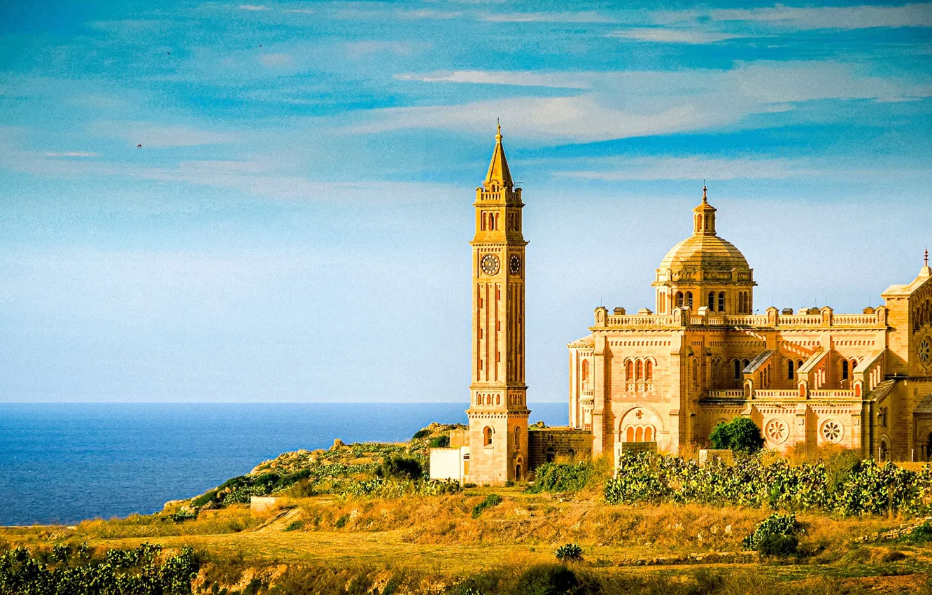 Фото обои море, побережье, башня, церковь, архитектура, Средиземное море, Malta, Мальта