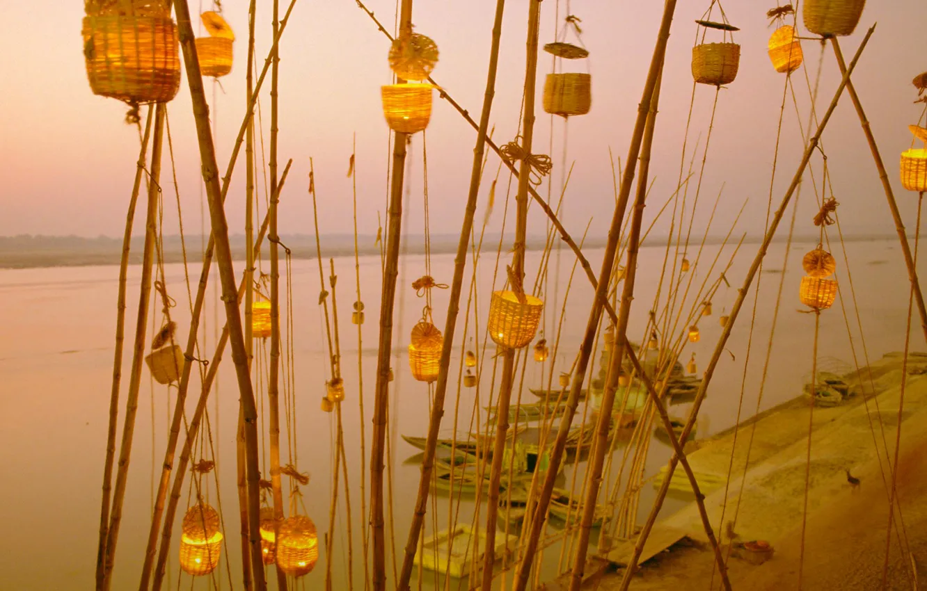 Фото обои Индия, фестиваль фонариков, Уттар-Прадеш, река Ганг